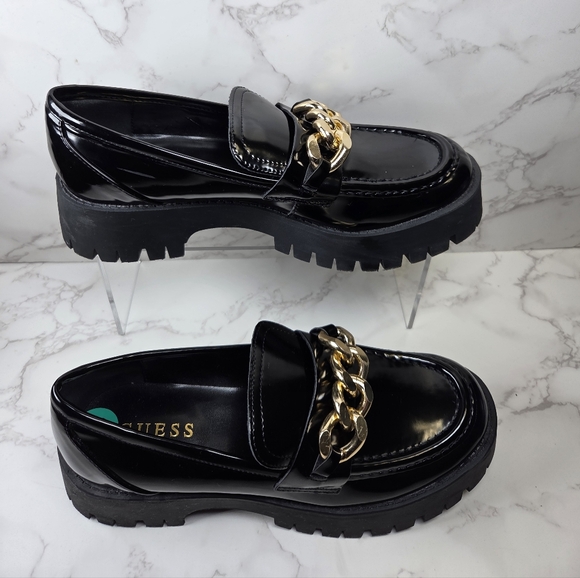 GUESS Black Loafers with Gold Chain Accent - Picture 2 of 9